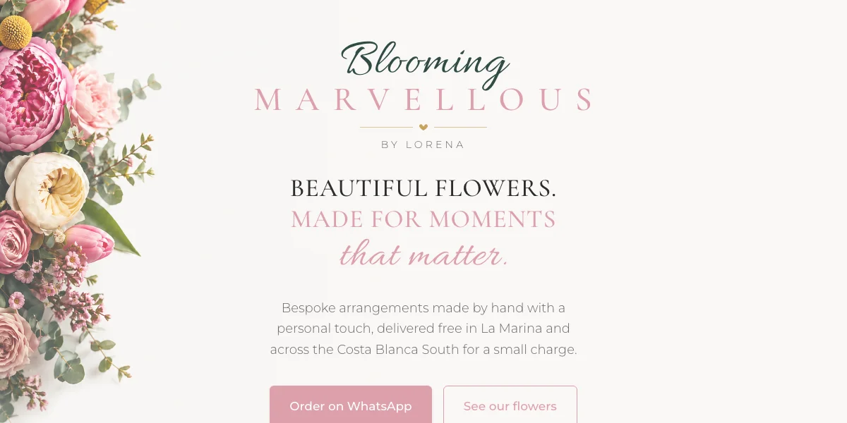 Blooming Marvellous Flowers website hero showing the brand logo and the tagline beautiful flowers made for moments that matter