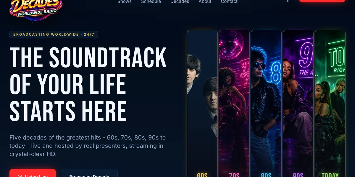 Decades Worldwide Radio website hero with the tagline The Soundtrack of Your Life Starts Here and cards for the 60s, 70s, 80s, 90s and today