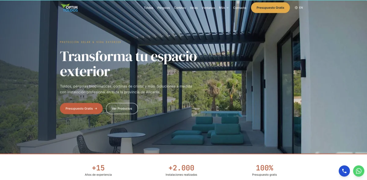 Optim Toldos website hero showing a bioclimatic pergola installation on a Costa Blanca terrace